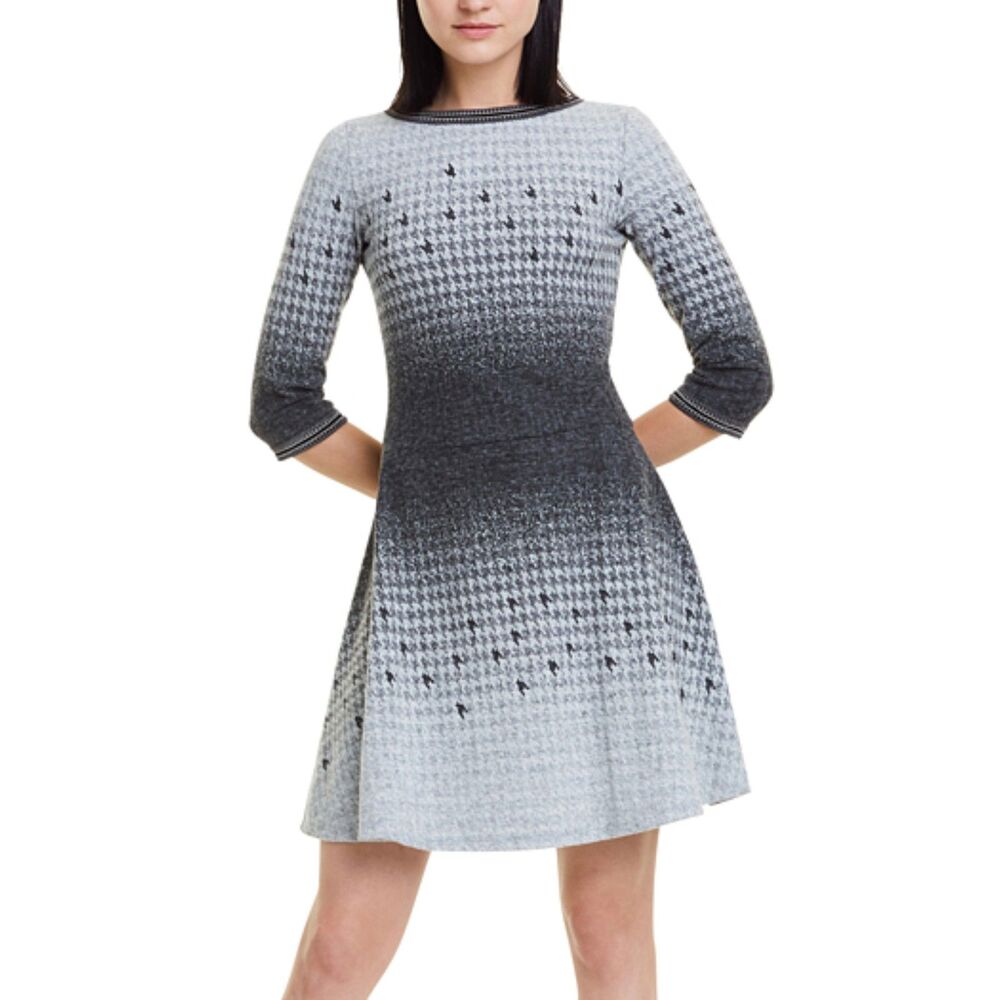 DESIGUAL Miriam Knit Dress Houndstooth Ombre A-line 3/4 Sleeve Grey Black M